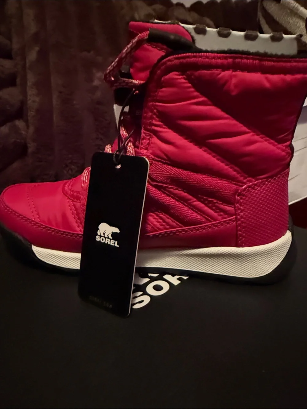 SOREL Red Lace-Up Winter Boot Sorel fuchsia/red ‘Whitney II’ unisex kids 12